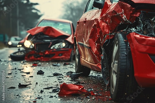 Car accident scene with damaged vehicles photo