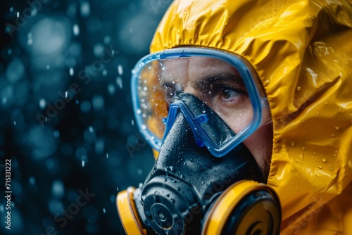 Man in gas mask and yellow protective suit