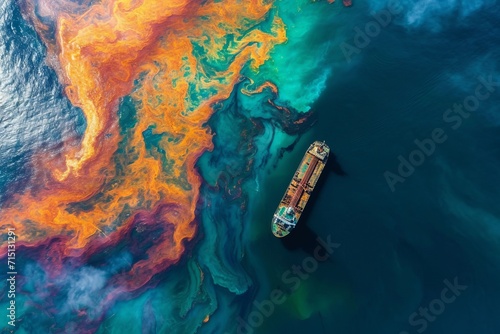 Oil spill disaster with polluted sea and ship, top view photo