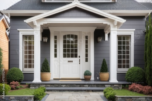 Residential architecture exterior home design of modern georgian house with main entrance wooden door in house with terrace and pointed landing © Basileus