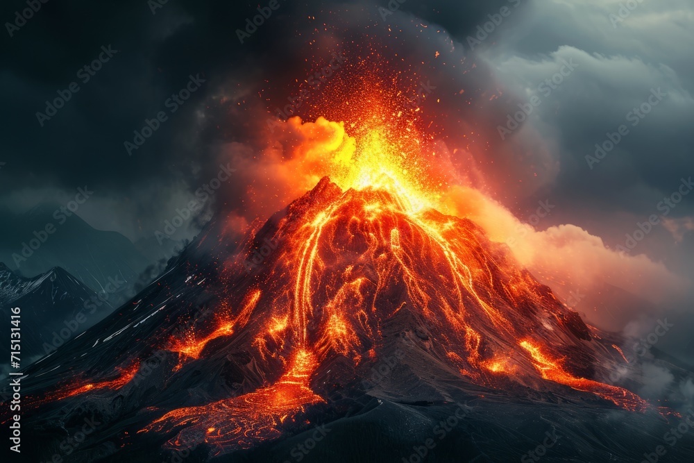 Volcanic eruption with lava flowing down the mountainside