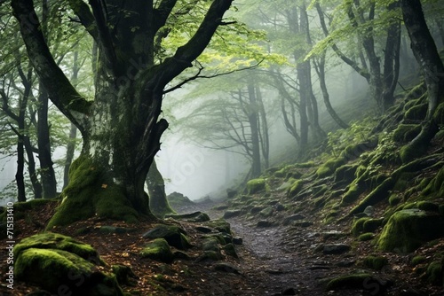 Misty woodland landscape with lush trees, ideal for wallpaper or background usage. Generative AI