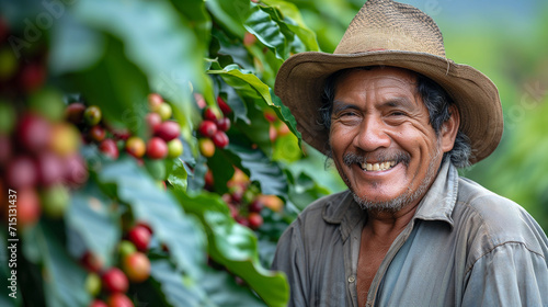 Portrait of happy farmer on coffee plantation. photo