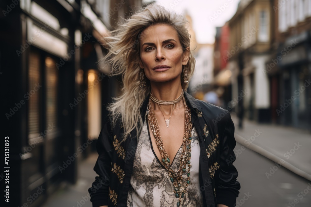 Portrait of a beautiful blonde woman with curly hair, wearing black jacket and gold jewelry, posing in the city.
