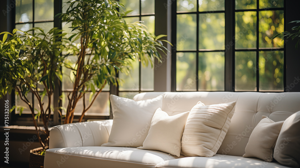 Light beige stylish furniture, armchair or couch with decorative pillow, home style Light beige stylish furniture, armchair or couch with decorative pillow, home style