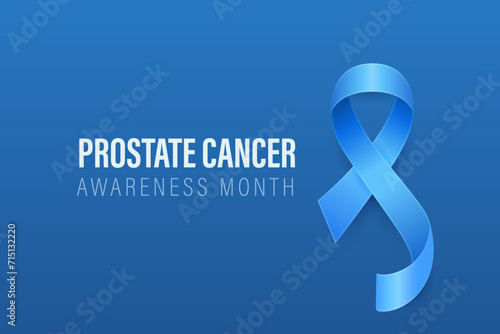 Prostate Cancer Banner, Card, Placard with Vector 3d Realistic Blue Ribbon on Blue Background. Prostate Cancer Awareness Month Symbol Closeup, September. World Prostate Cancer Day Concept