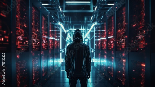 Silhouette of a male hacker in a server room. Neural network AI generated art photo