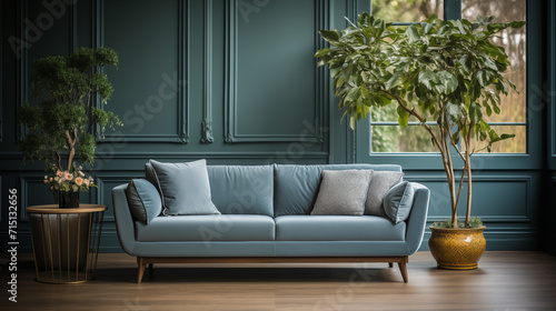 Blue stylish furniture, couch and armchair with decorative pillows, home style