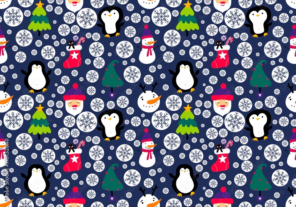 Christmas cartoon doodle seamless Santa and penguin and snowman pattern for wrapping paper and fabrics Christmas cartoon doodle seamless Santa and penguin and snowman pattern for wrapping paper and fabrics