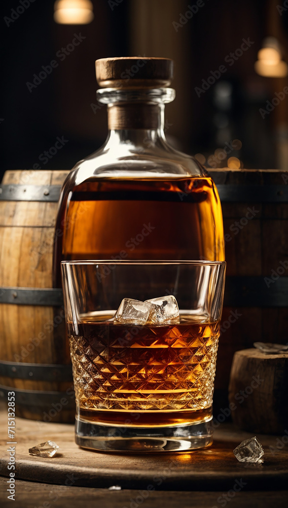 Brandy bottle of whiskey with ice glass Brandy bottle of whiskey with ice glass