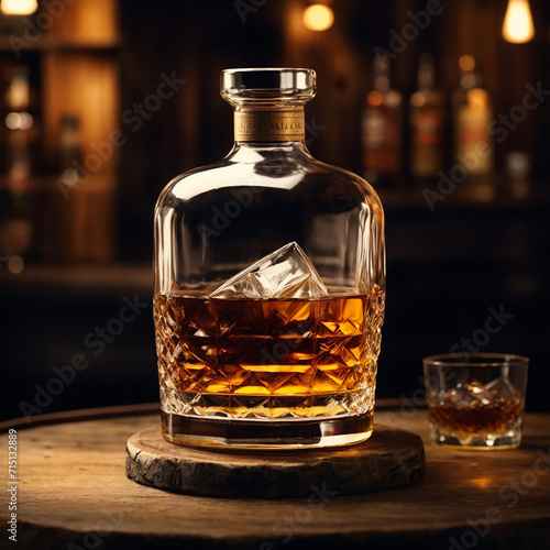 Brandy bottle of whiskey with ice glass
