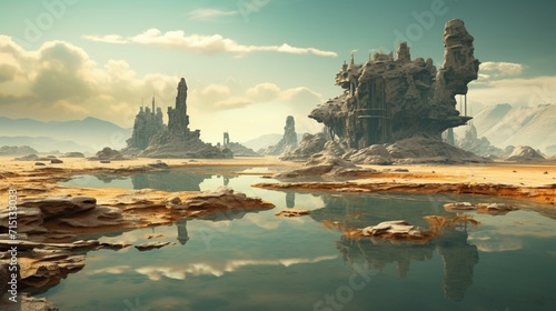 A surreal desert landscape with floating islands and ancient ruins