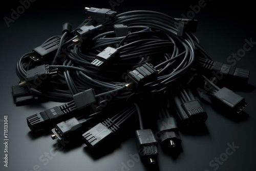 Ethernet cords connected with black ties. Generative AI
