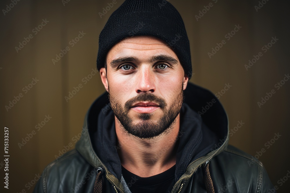 Handsome man with beard wearing a black leather jacket and hat Handsome man with beard wearing a black leather jacket and hat