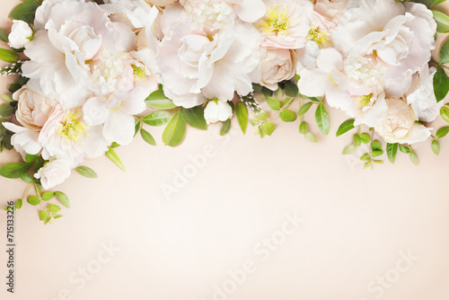 Delicate blooming festive begonia flowers and pink summer roses, blossoming rose flower soft pastel background, bouquet floral card, selective focus