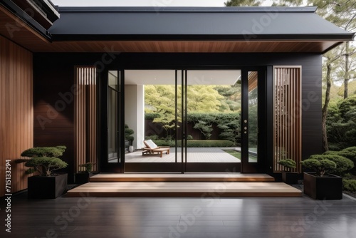 Residential architecture exterior home design of modern house japanese with main entrance of villa front yard in forest and black tiled wall and wooden wood lining