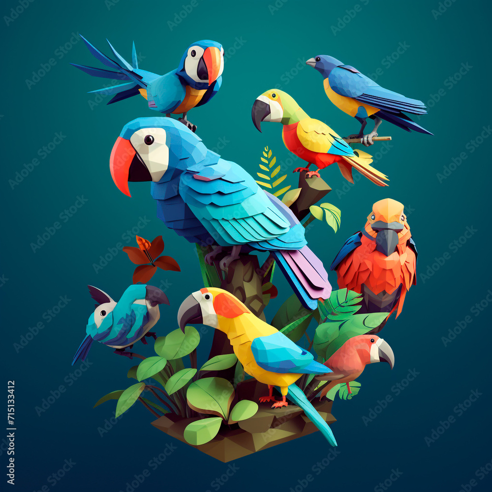 Obraz premium Blue macaw and parrot, folded, paper art, lots of birds perched on tree trunks, nature. 3D rendering design illustration.