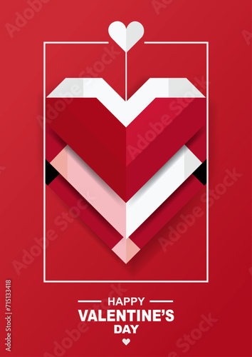 Red origami polygonal heart in a white box on red background Story, Happy Valentines Day lettering greeting card