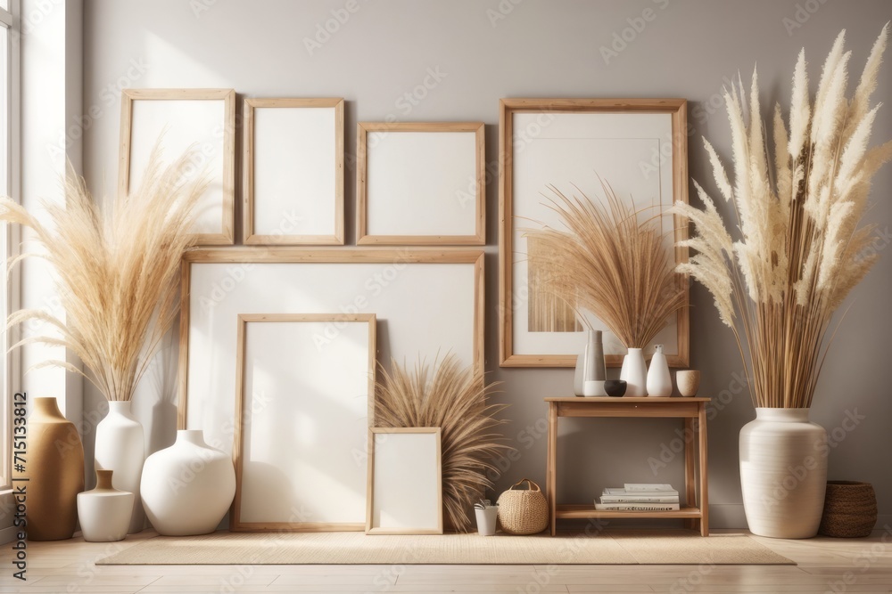 different wooden frames and blank canvas on the wall with a vase of pampas grass on the beige wall near the window different wooden frames and blank canvas on the wall with a vase of pampas grass on the beige wall near the window
