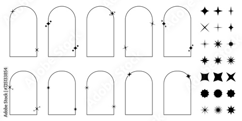 Set of trendy y2k frames. Collection of aesthetic arch shapes with twinkle and sparkle icons. Boho decorative elements in 80s 90s style. Vintage ornaments. Stars symbols. Vector outline illustration