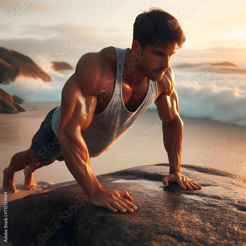 Hombre haciendo flexiones en la playa photo