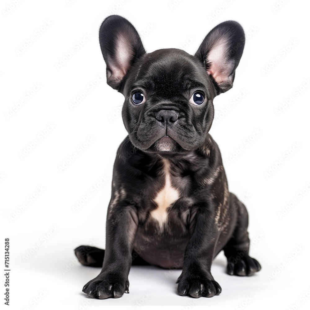 Cute French Puppy Bulldog Full Body Shot Looking Straight, Straight On View White Background