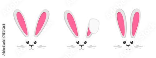 Set of cute bunny muzzles with ears, eyes, nose, mouth and whisker. Decoration elements for Easter party, photo shoot, greeting or invitation card, celebration banner. Vector flat illustration