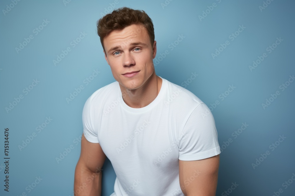 Portrait of handsome young man in white t-shirt on blue background Portrait of handsome young man in white t-shirt on blue background