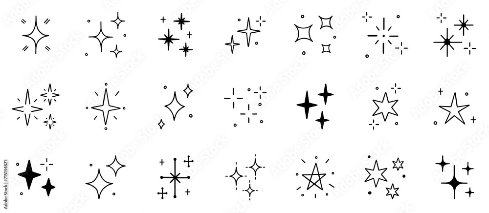 Stars and sparkles doodle set. Twinkle, blink, firework, glitter silhouette and glowing symbols in sketch style. Hand drawn vector illustration isolated on white background - obrazy, fototapety, plakaty 