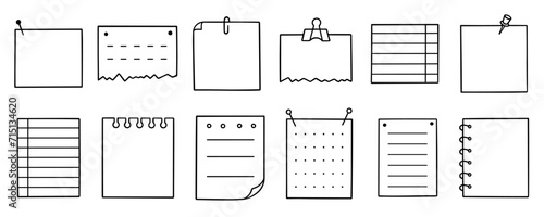 Memo sheets doodle set. Paper page, notes, reminder, sticky for bullet journal in sketch style. Hand drawn vector illustration isolated on white background.