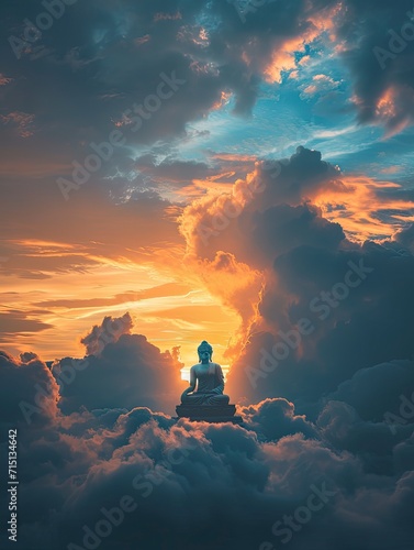 Award winning photography, Minimalist style, minimalist composition, Buddha made of clouds, orange sunset through the clouds - generative ai