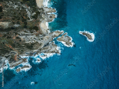 Overhead view of the cliff coast during winter 