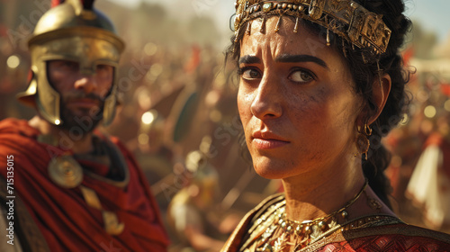 Beautiful ancient Roman queen with her commander and army on a battlefield ready to attack. photo