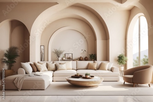 Interior home design of modern living room with beige sofa and houseplant decoration with arched window