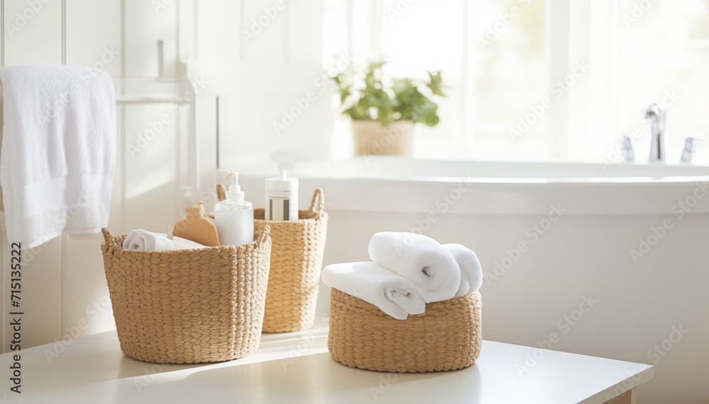 two seagrass baskets filled with bathroom necessities two seagrass baskets filled with bathroom necessities