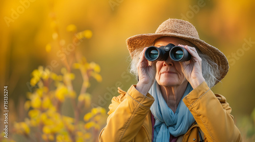 A Retired Woman Watches Birds Through Binoculars