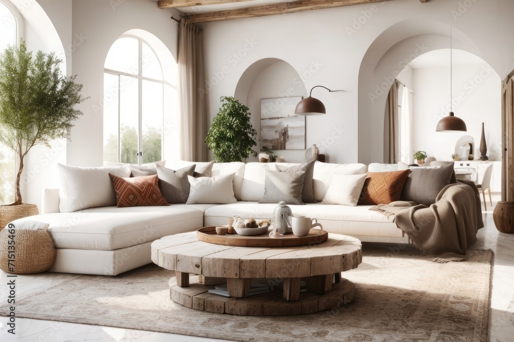 Fototapeta premium Interior home design of modern living room with sofa and rustic wooden table decorated with houseplants in a room with white stucco wall