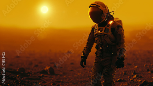 Future Concept. Astronaut walking on an unexplored planet by night.