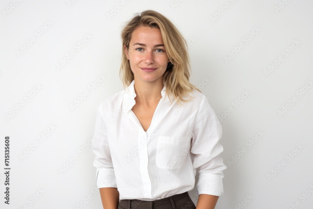 Portrait of a beautiful blonde woman in a white shirt on a white background Portrait of a beautiful blonde woman in a white shirt on a white background