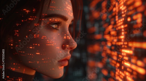Portrait of a young woman looking at a futuristic computer screen, A.I, modern technology, brown eyes, orange lights