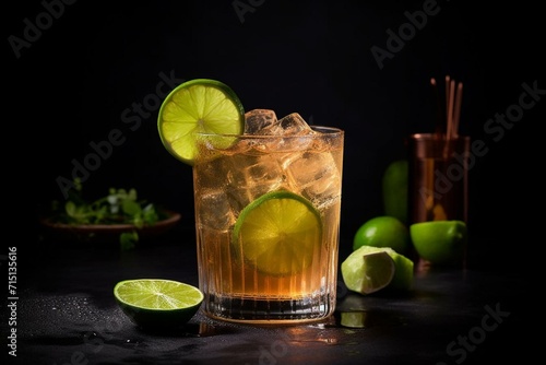 A refreshing cocktail drink garnished with lime slice on a dark background. Generative AI