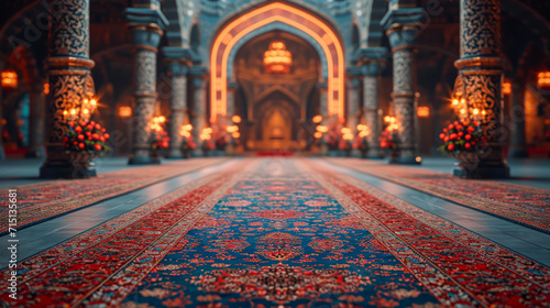 Entrance to an Ottoman empire palace with traditional carpets and lights. photo