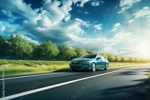 A car speeding under sunny sky with lush trees and open road. Generative AI © Charlotte