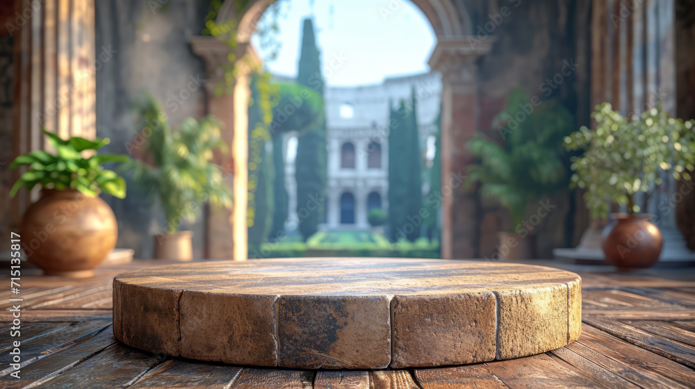 Ancient Rome, old stone podium with ancient roman city in the background. Ancient Rome, old stone podium with ancient roman city in the background.