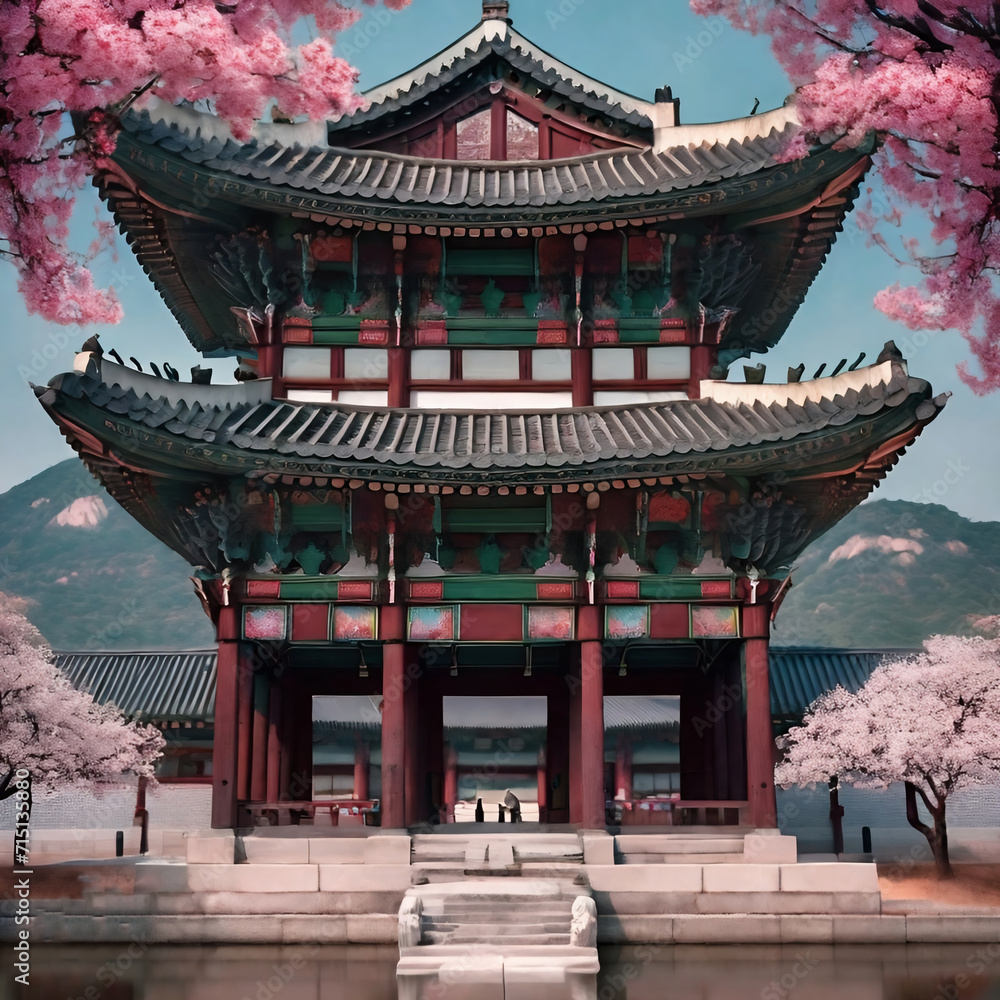 Abstract painting of Korean pavilion and cherry blossom at Gyeongbokgung Palace in Seoul, South Korea Abstract painting of Korean pavilion and cherry blossom at Gyeongbokgung Palace in Seoul, South Korea
