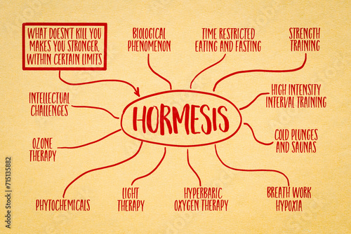 hormesis and hormetic strategies for health and wellness - infographics and mind map sketch on art paper, exposure to low doses of a stressor or toxin photo