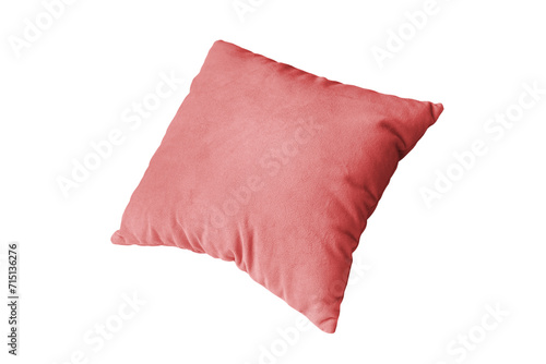 Decorative red rectangular pillow for sleeping and resting isolated on white, transparent background, PNG. Cushion for home interior decor, pillowcase mockup, template for design. photo