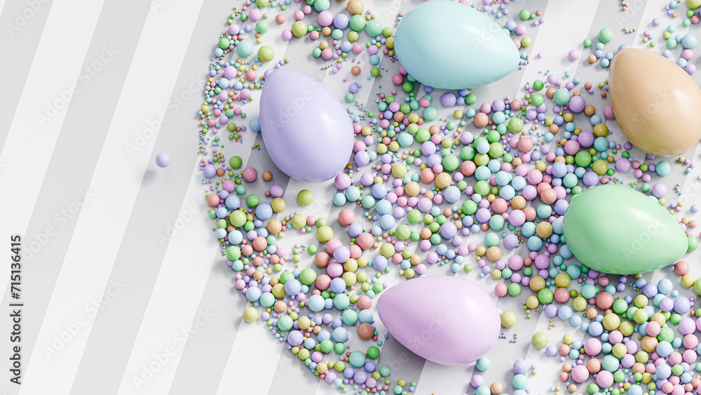 Colorful abstract Easter background with egg and sphere or round shapes, 3d render