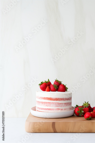 Delicious Layered Fresh Strawberry Cake, Torte Dessert with Fresh Berries, Vanilla Butter Cream On Wood Plate. White Background. Natural Lighting. Minimalist Photo. Minimal Modern Interior. 