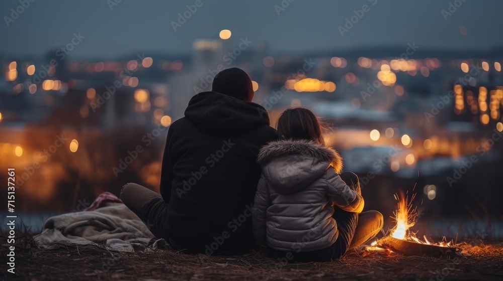 Homeless family, back view, sitting warming on small fire. Blurred town ...